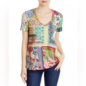 Johnny Was Anika Patchwork Floral Short Sleeve V-Neck